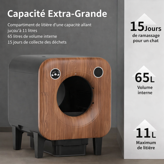 Litière autonettoyante connectée – Signature Bois 75L | Elégance Féline